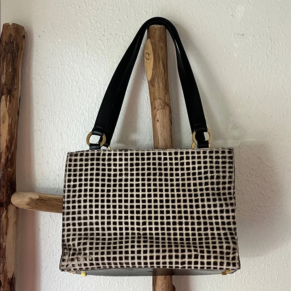 Kate Spade Black and Cream Checkered Shoulder Bag Calf Hair Leather Box